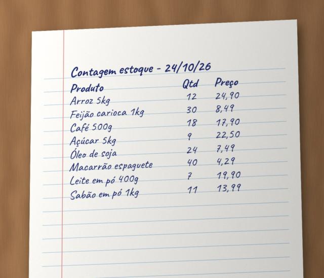 Contagem de estoque escrita à mão em caderno