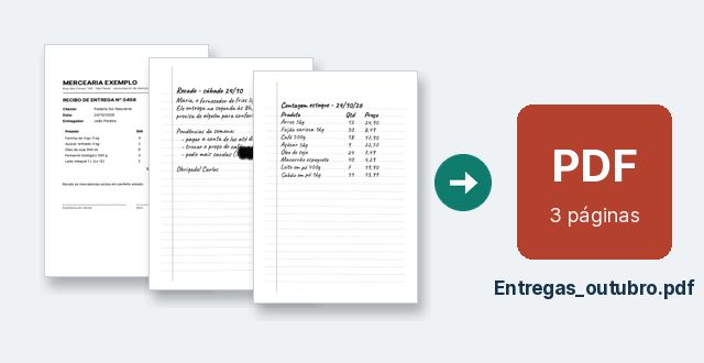 Três páginas escaneadas juntando-se em um arquivo PDF chamado Entregas_outubro