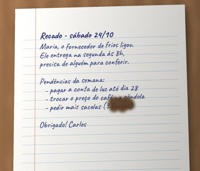 Recado escrito à mão em folha pautada, com uma mancha de café sobre uma palavra