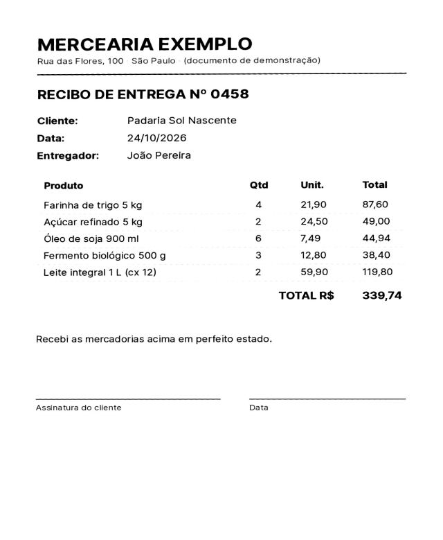 O mesmo recibo reto, recortado e com fundo branco