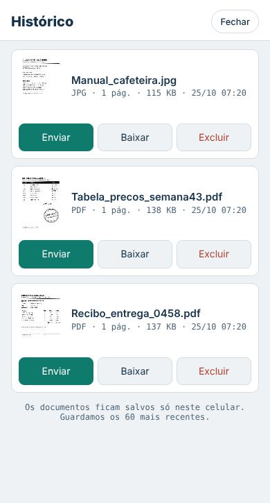 Tela de histórico com três documentos enviados e botões Enviar, Baixar e Excluir